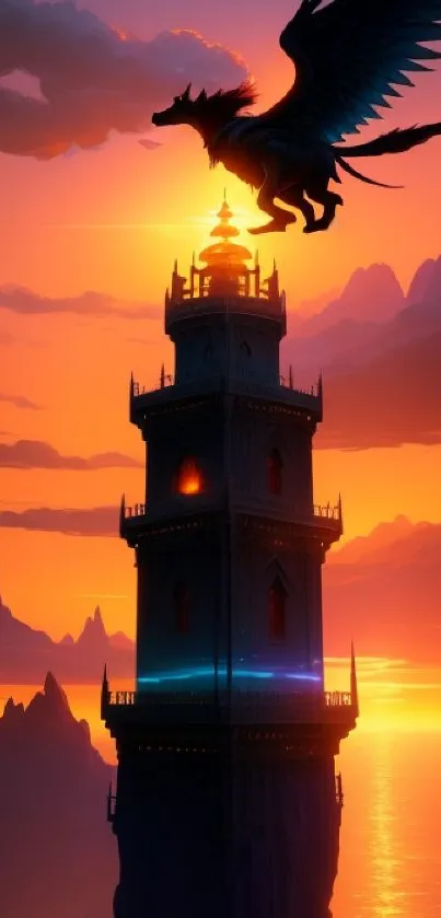 Fantasy wallpaper of tower with mythical creature at sunset.