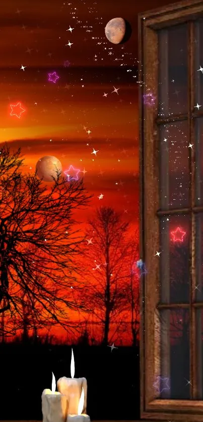 Mystical sunset wallpaper with candles by a window and magical night sky.