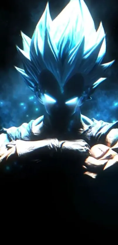 Dynamic Super Saiyan anime art with a mystical blue glow.