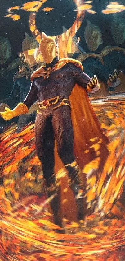 Superhero with swirling golden energy on a mystical background.