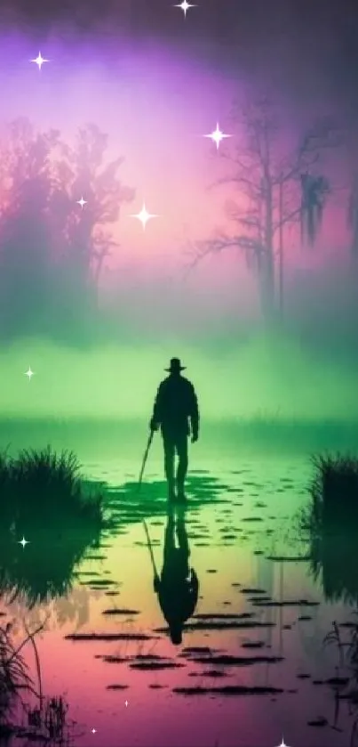 Mystical silhouette walking through a violet and green swamp at dusk.