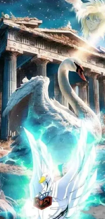 Majestic swan beside ancient temple in mystical scene.