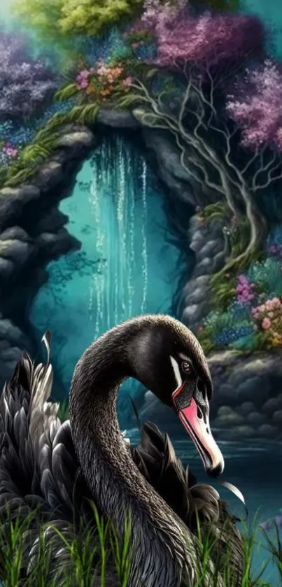 Black swan in a mystical garden setting with vibrant flowers and waterfall.