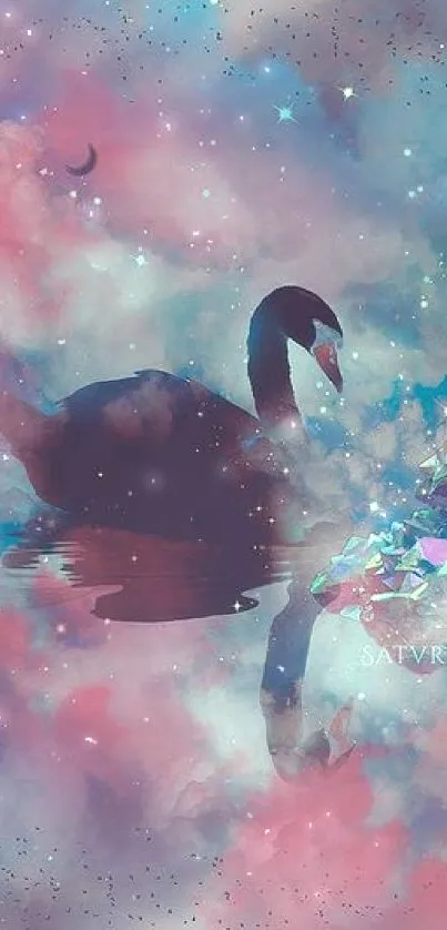 Mobile wallpaper with a swan amidst dreamy, colorful clouds and stars.