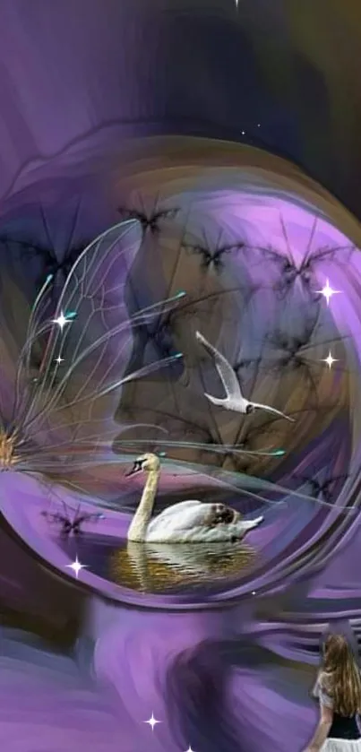 Enchanting swan in a mystical purple landscape wallpaper.