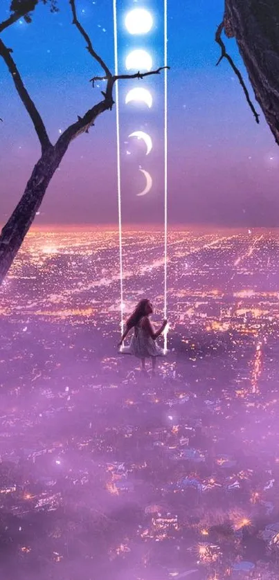 Girl swings beneath moon phases over a mystical cityscape.