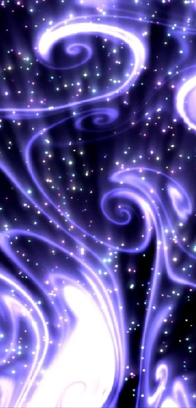 Mystical purple swirls with starry accents on mobile wallpaper background.