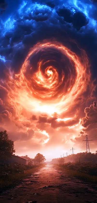 Dramatic swirl in sky with vibrant colors over a tranquil landscape.