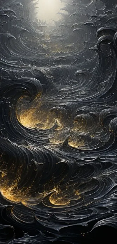 Mystical swirls with golden accents on a dark background mobile wallpaper.