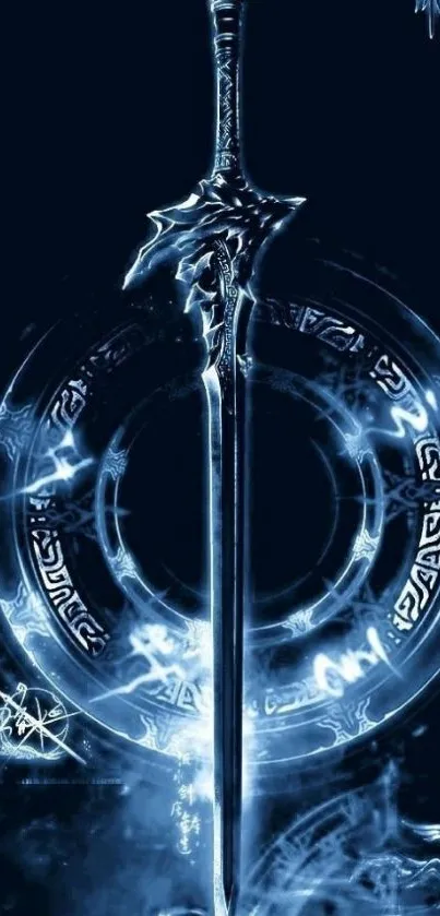 Mystical blue sword with glowing runes on dark background.