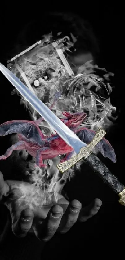 Sword and dragon emerge from hand on dark background.