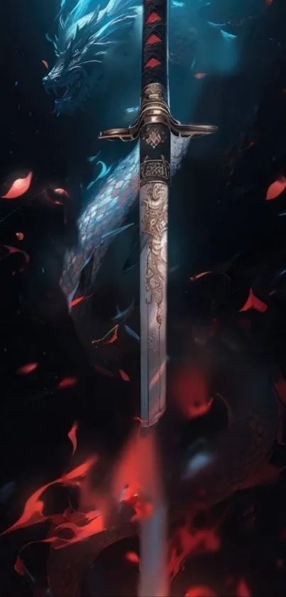 Mobile wallpaper of a mystical sword with a dragon in a dark, fiery background.