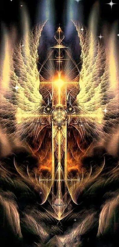 Mystical art featuring a radiant sword and ethereal wings.