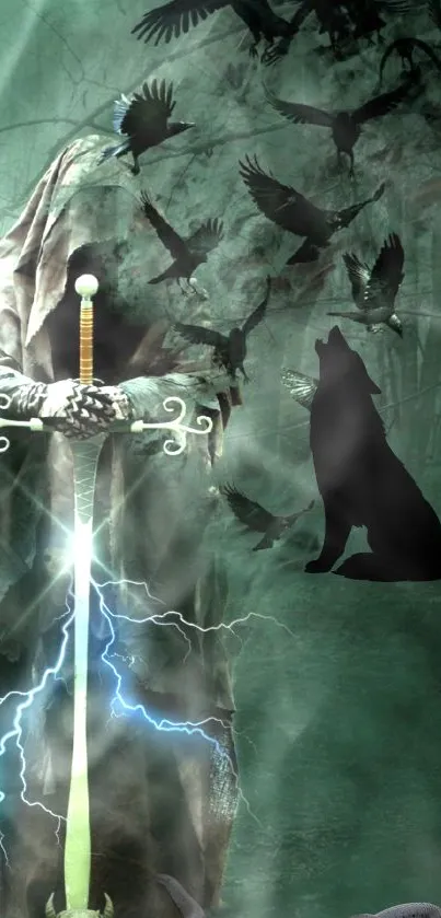 Dark mystical wallpaper with hooded figure, sword, wolf, and crows.