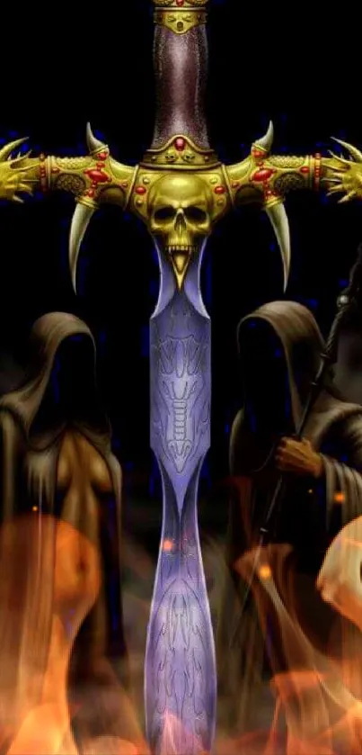 Fantasy art wallpaper featuring a mystical sword and hooded figures.