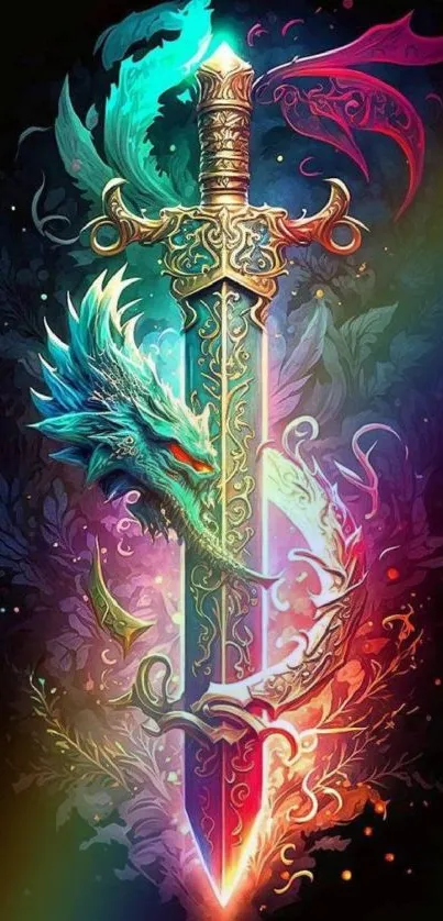 Mystical vibrant sword with dragons fantasy wallpaper.