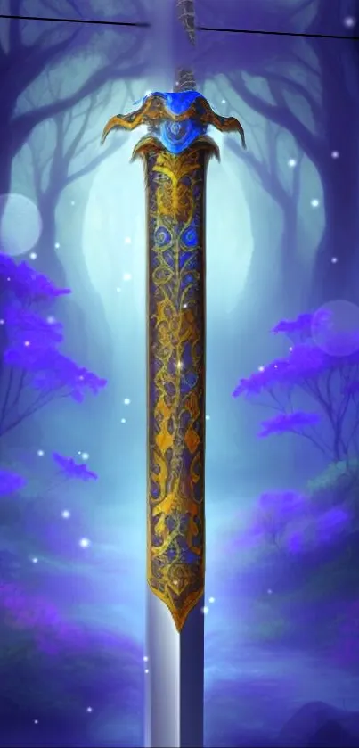 Mystical sword in an enchanted forest with vibrant purple hues.