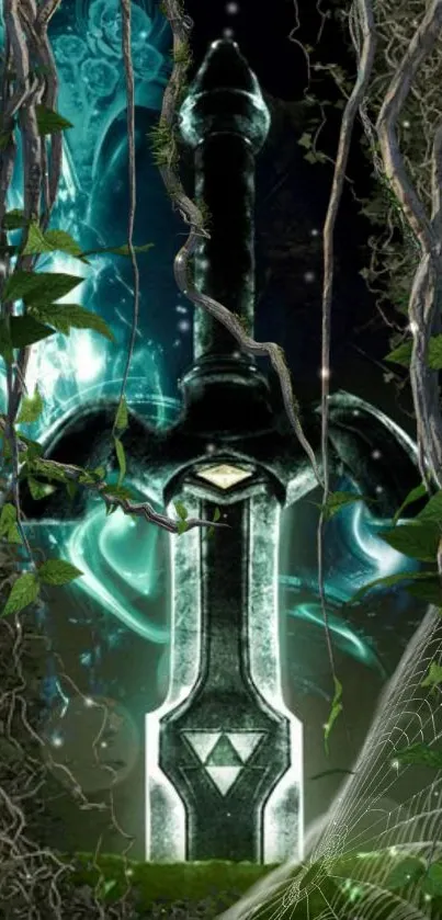 Mystical sword with glowing vines in fantasy art wallpaper.