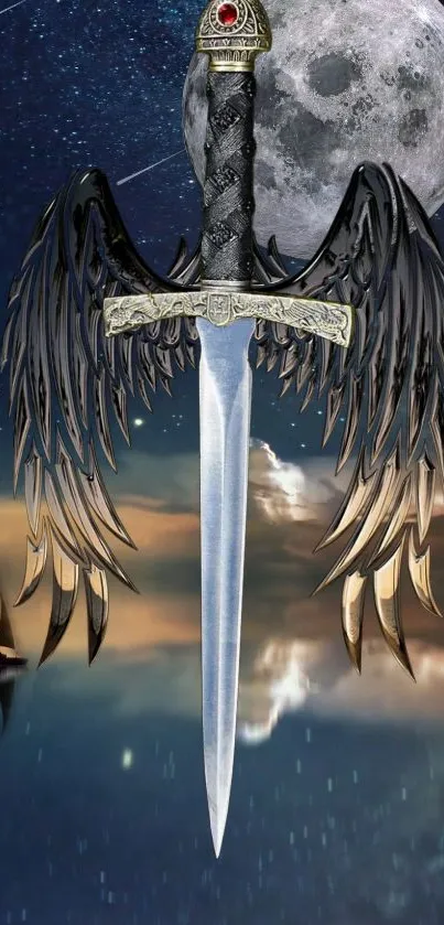 Winged sword with moonlit night background, perfect for fantasy lovers.