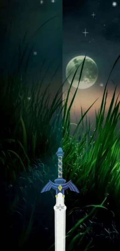 Sword standing in moonlit grass at night scene.