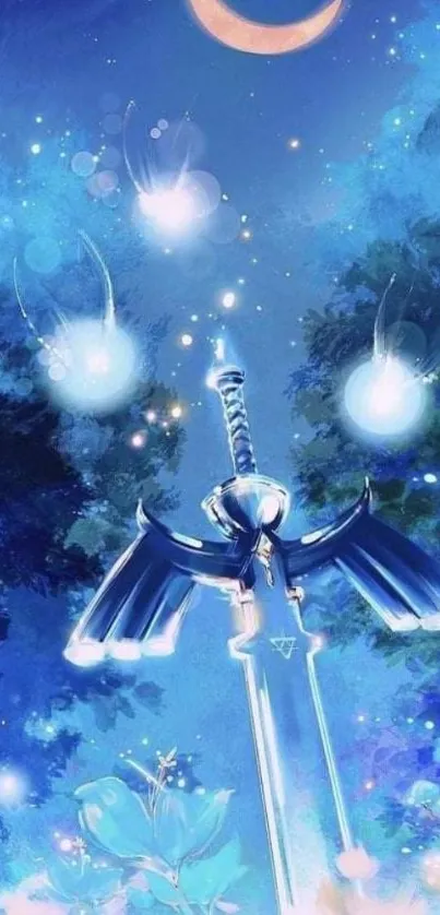 Mystical sword under a crescent moon surrounded by glowing orbs and blue hues.