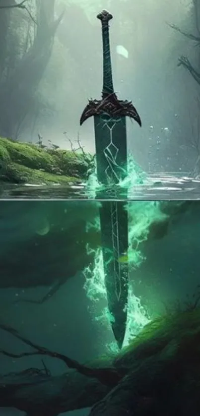 Mystical underwater sword immersed in glowing teal aura.