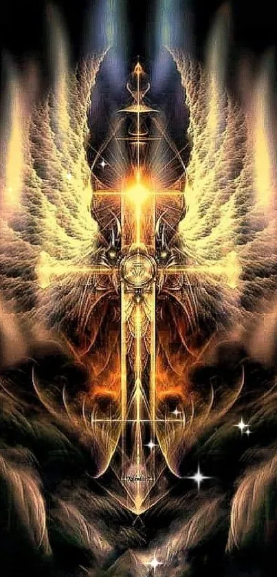 Mystical sword with angelic wings and fiery background.