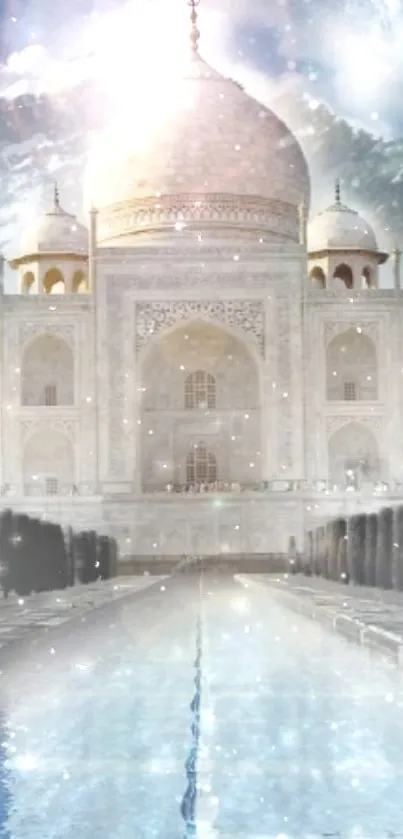 Mystical Taj Mahal amidst cosmic landscapes.