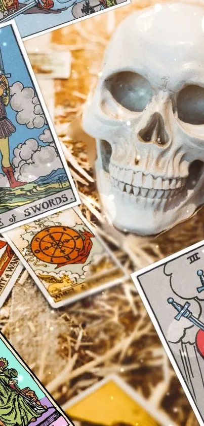 Tarot cards with skull on mystical wheat background.