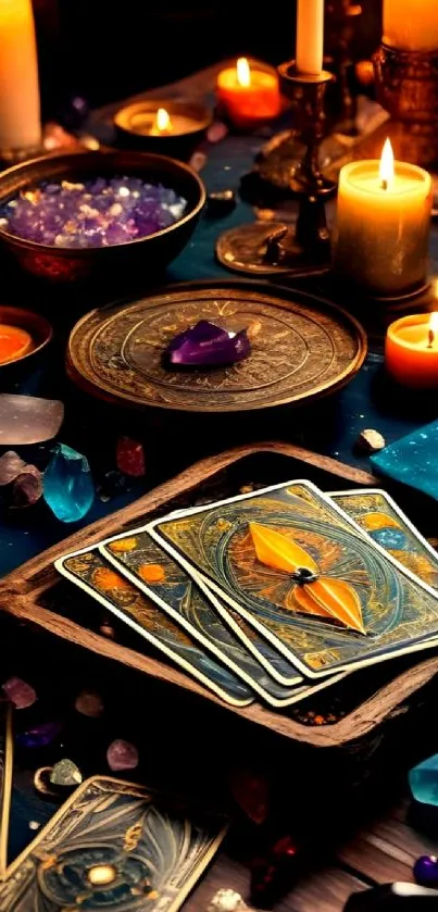Tarot cards with candles and crystals on a mystical table setup.