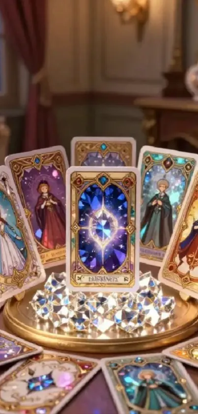 Mystical tarot cards surrounded by crystals.
