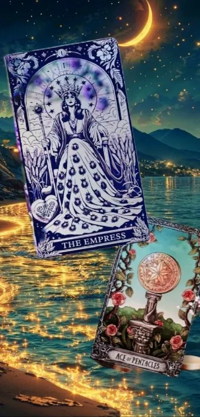 Tarot cards with mystical beach scene and moonlit sky.