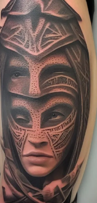 Intricate mystical tattoo art on skin with abstract facial patterns.