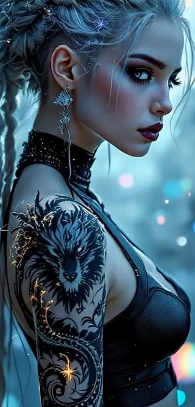 Tattooed woman in mystical setting with blue tones.