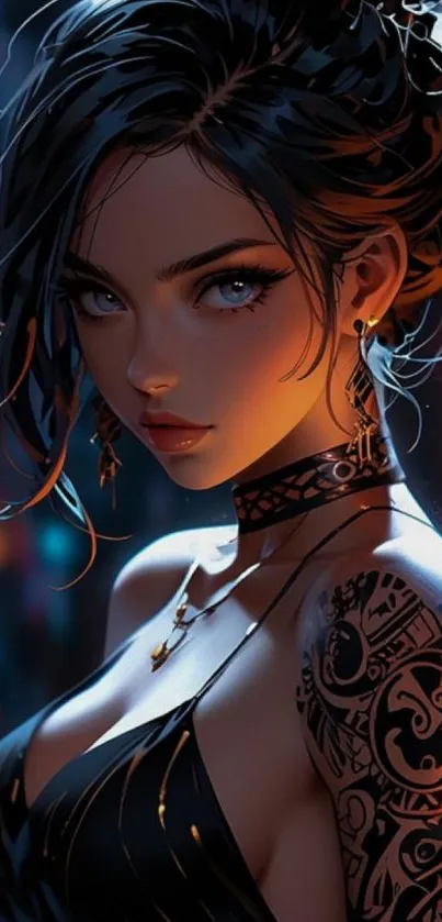 Anime-inspired character with tattoos in a mystical setting.