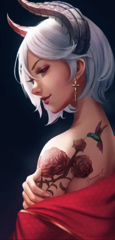 Artistic demon girl with tattoos and crimson tones, mobile wallpaper.