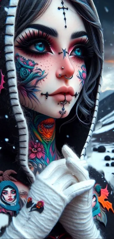 Tattooed gothic figure in snow scene