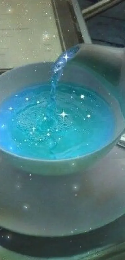 Mystical blue teacup with sparkling luminescent water.