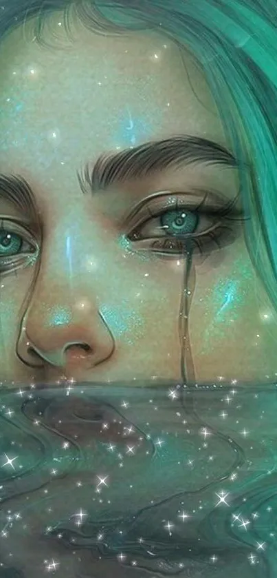 Mystical teal artwork of a face submerged in sparkling water.