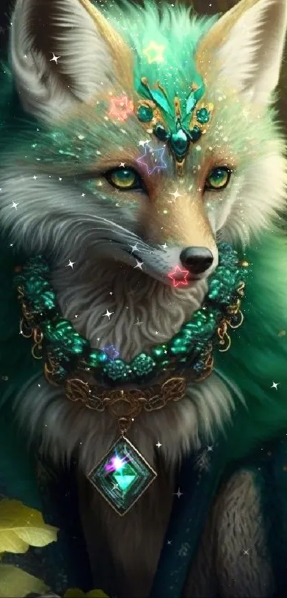 Mystical teal fox with jewels in a lush forest setting.