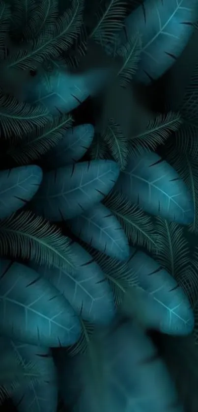 Dark teal leaf pattern wallpaper with a mystical touch.