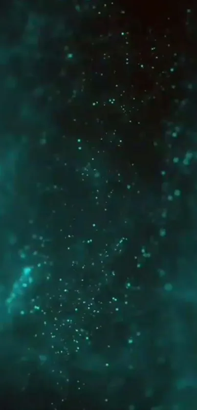 Mystical teal space wallpaper with glowing cosmic specks.