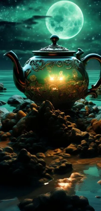 Teapot illuminated by moonlight on rocks by the sea.