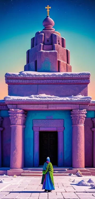 Vibrant mystical temple at dusk with pink tones and serene architecture.