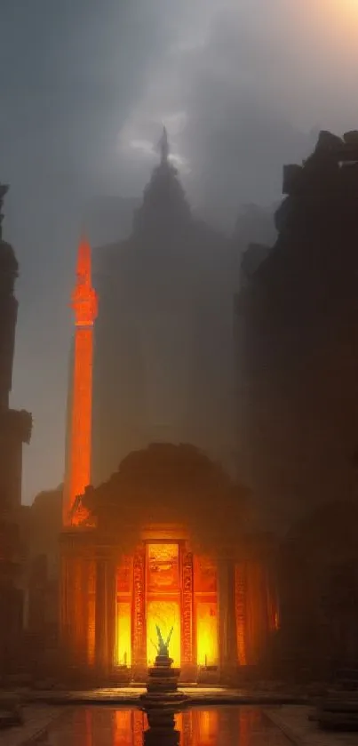 Mystical temple illuminated by sunrise, casting an orange glow.