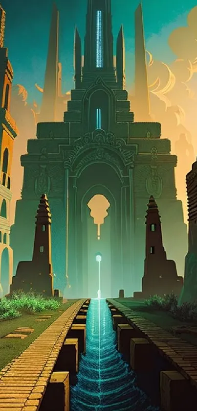 Fantasy temple under a teal sunset with mystical atmosphere.