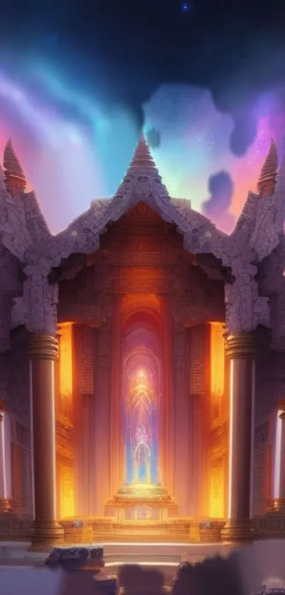 Mystical temple with glowing lights and vibrant colors in fantasy art style.