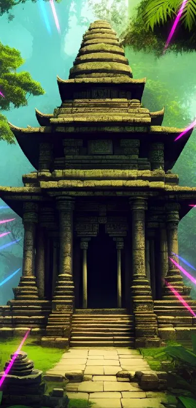 Ancient stone temple surrounded by lush jungle greenery.