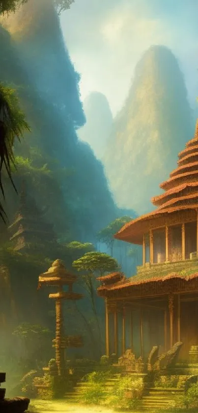 Mystical temple with lush green mountains in the background.