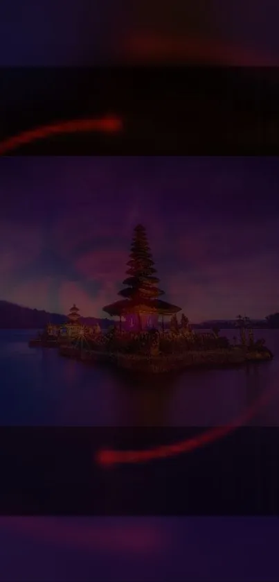 Mystical temple lit by indigo night sky over a tranquil lake.